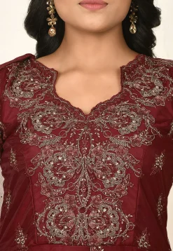 Embroidered Net Abaya Style Suit in Maroon