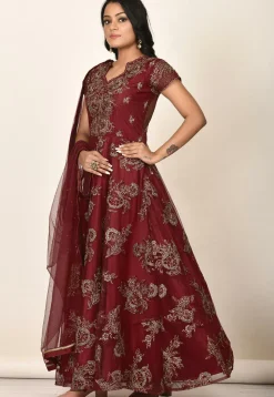 Embroidered Net Abaya Style Suit in Maroon