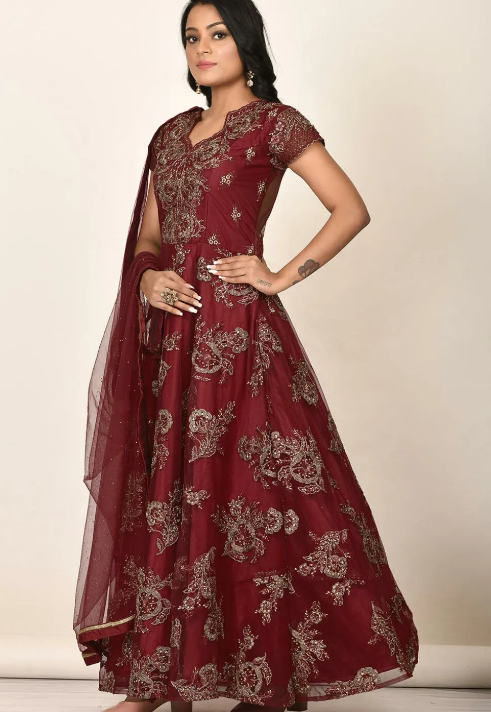 Embroidered Net Abaya Style Suit in Maroon