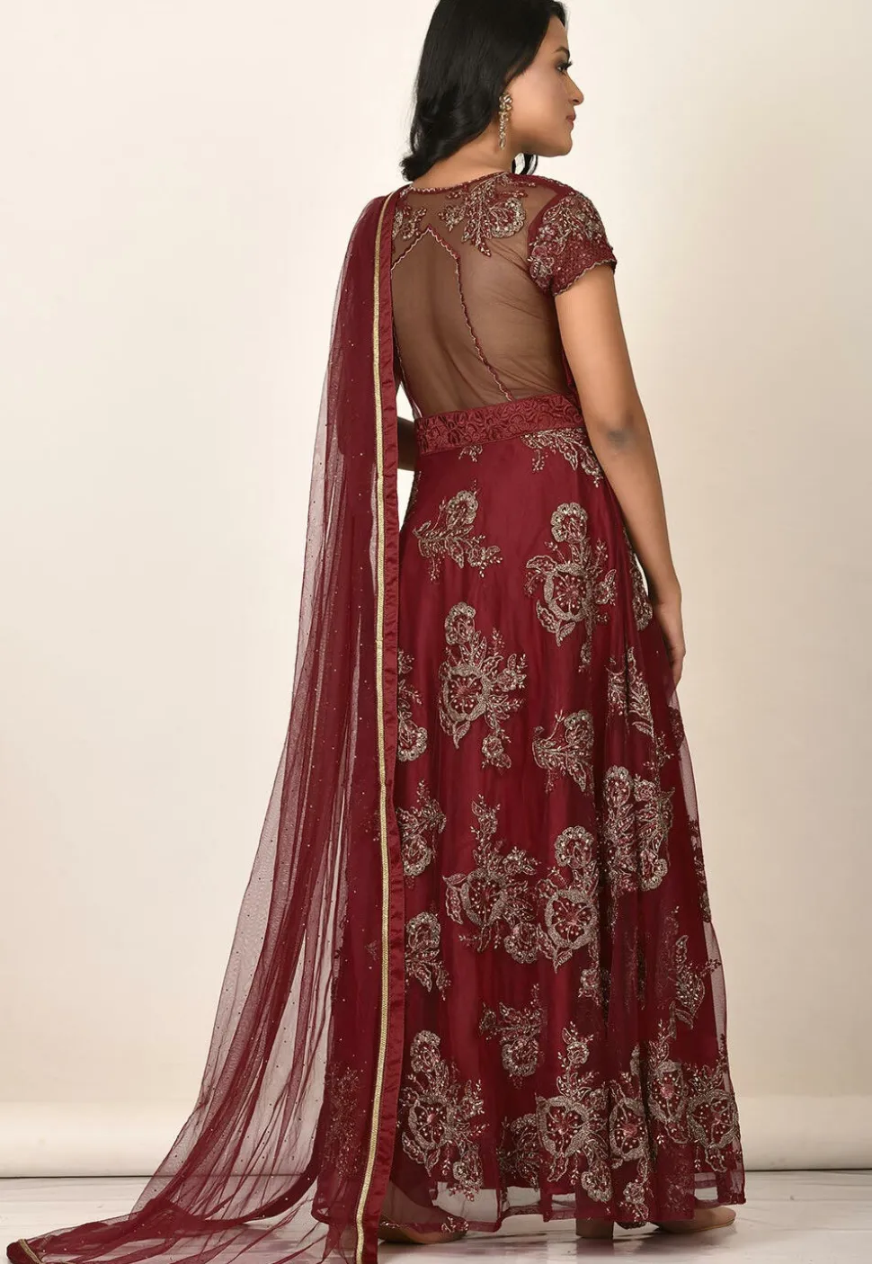 Embroidered Net Abaya Style Suit in Maroon
