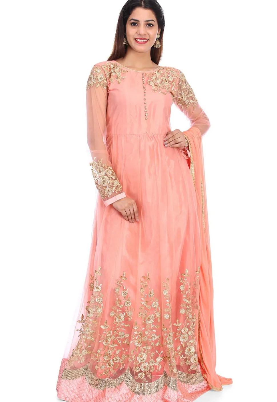Embroidered Net Abaya Style Suit in Peach