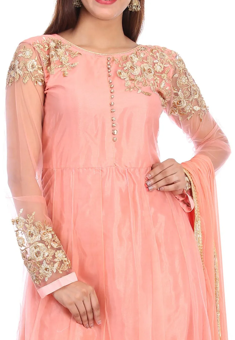 Embroidered Net Abaya Style Suit in Peach