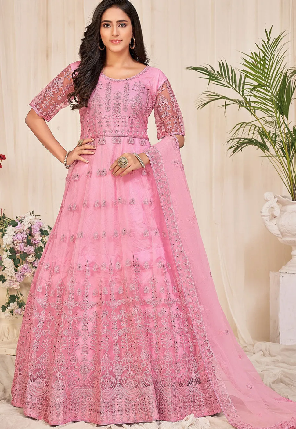 Embroidered Net Abaya Style Suit in Pink