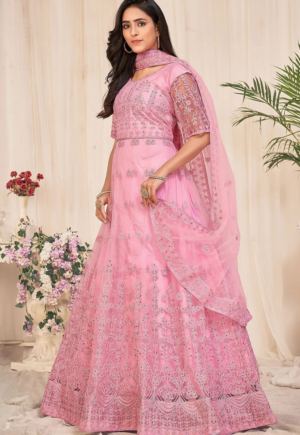 Embroidered Net Abaya Style Suit in Pink
