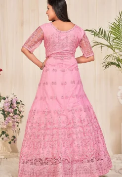 Embroidered Net Abaya Style Suit in Pink