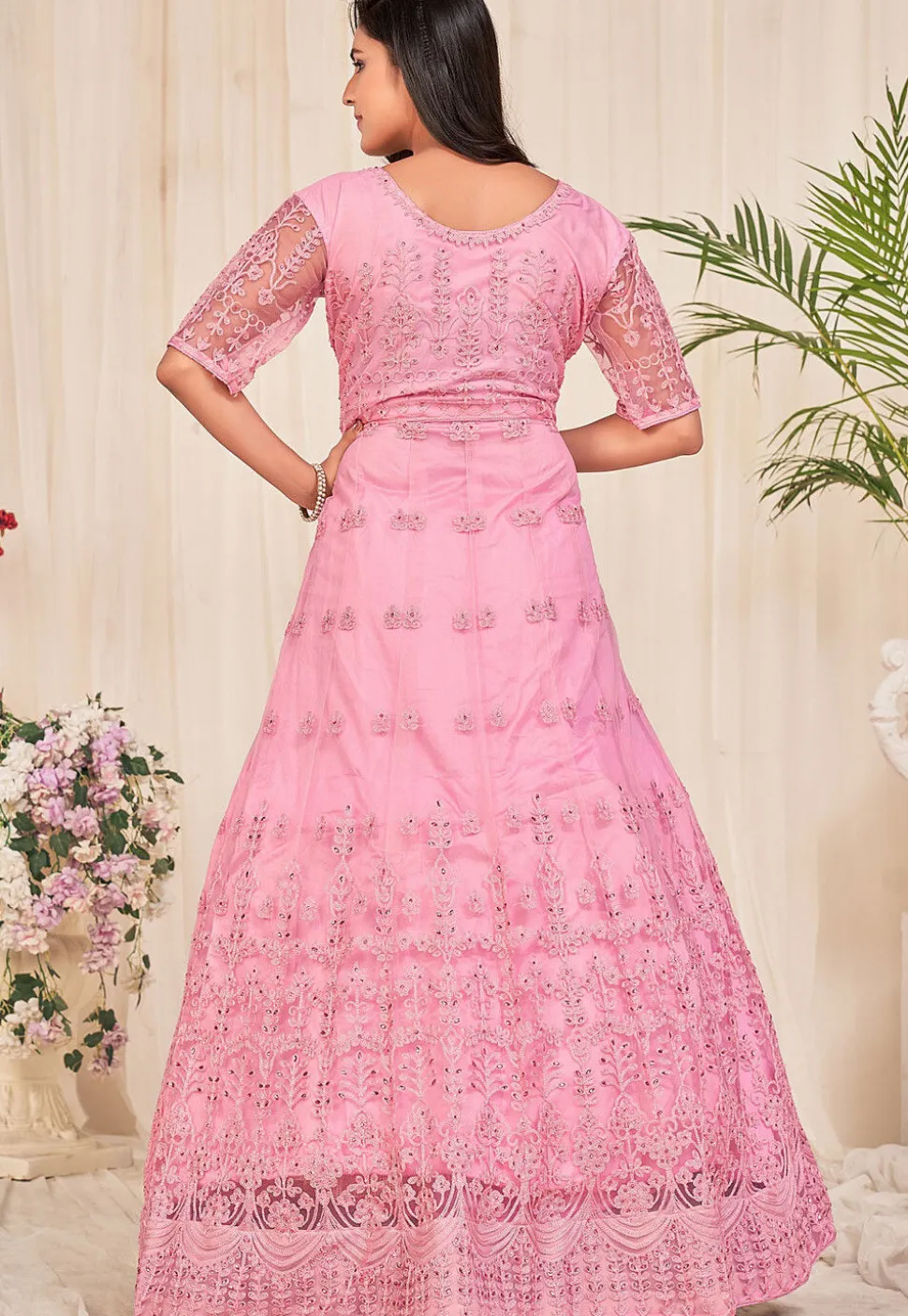 Embroidered Net Abaya Style Suit in Pink