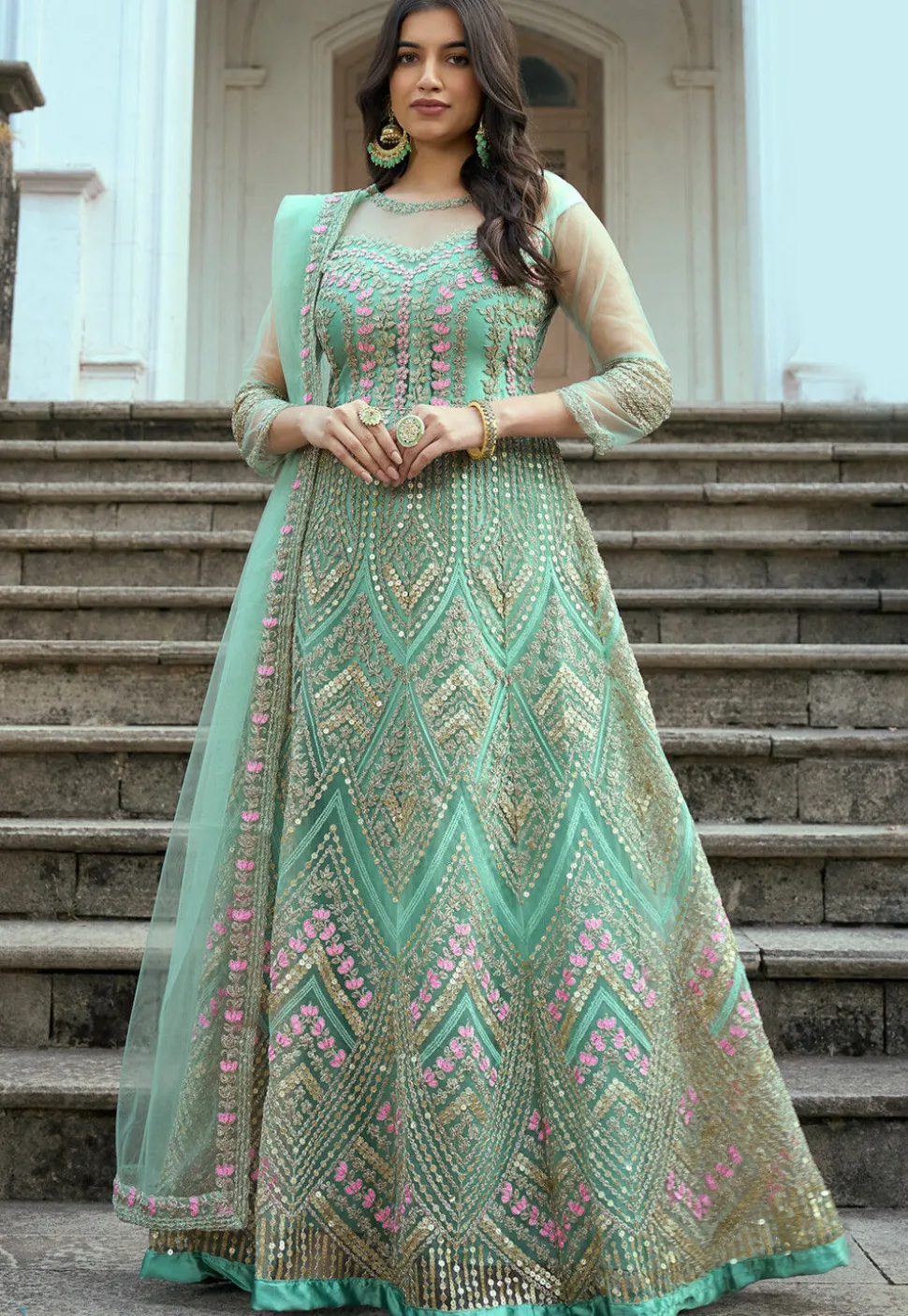 Embroidered Net Abaya Style Suit in Sea Green