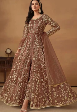 Embroidered Net Abaya Style Suit in Brown