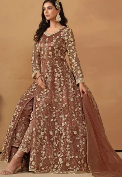 Embroidered Net Abaya Style Suit in Brown