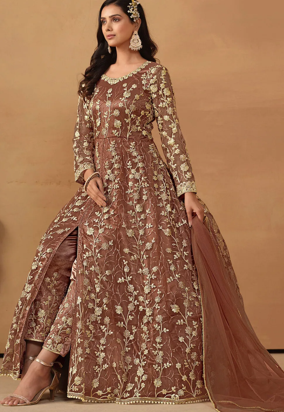Embroidered Net Abaya Style Suit in Brown