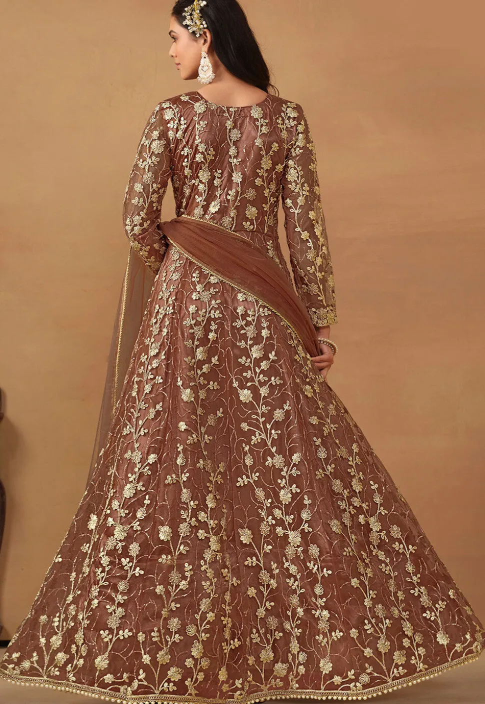 Embroidered Net Abaya Style Suit in Brown