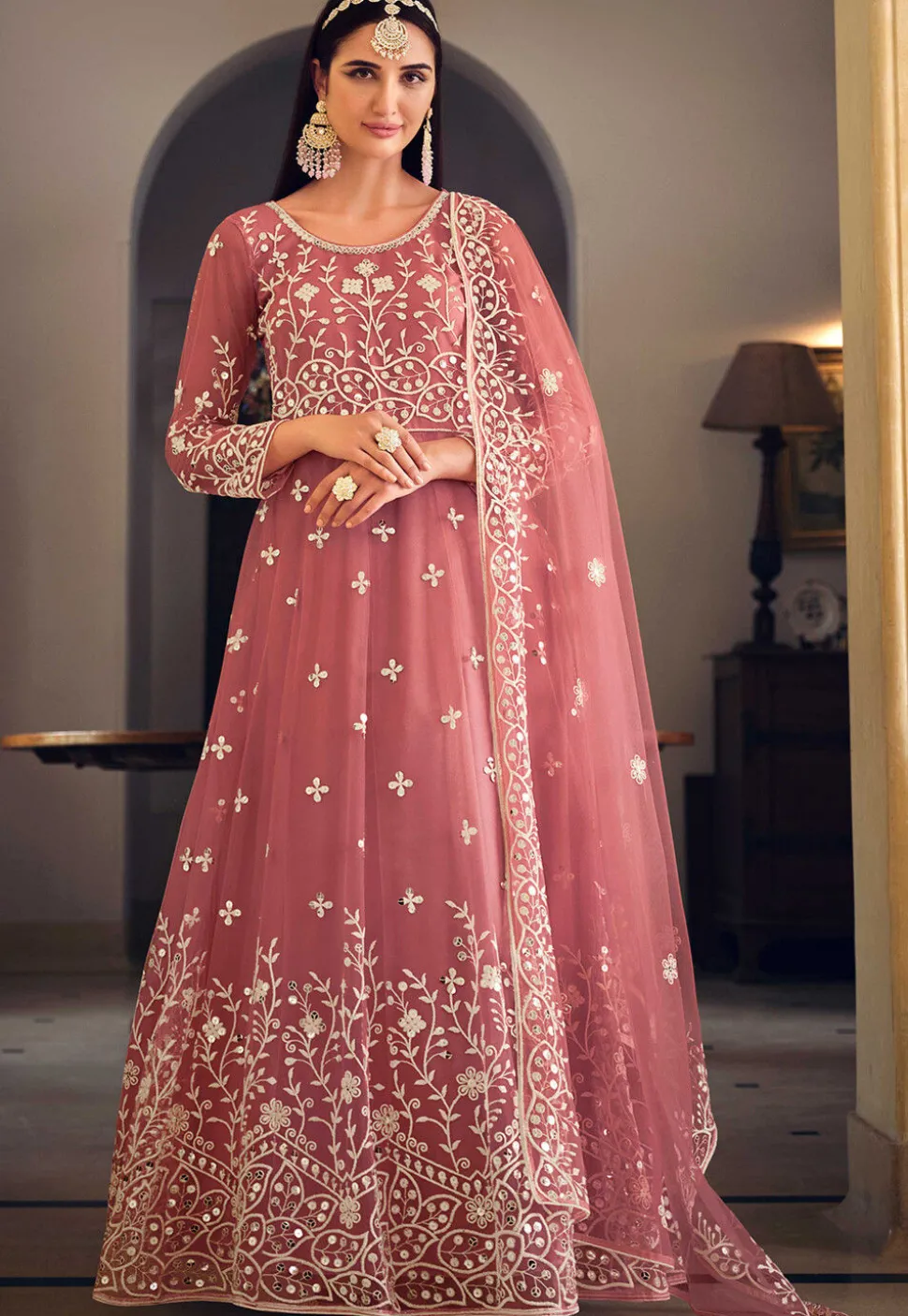 Embroidered Net Abaya Style Suit in Old Rose