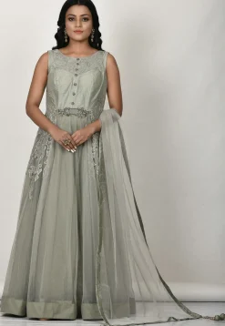 Embroidered Net Abaya Style Suit in Dusty Green