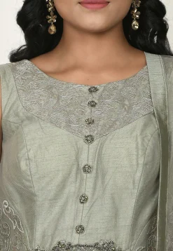 Embroidered Net Abaya Style Suit in Dusty Green