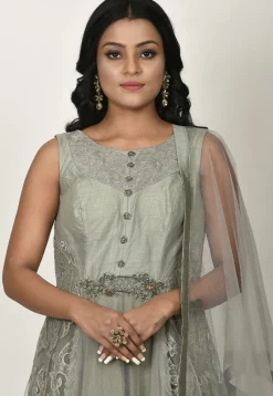 Embroidered Net Abaya Style Suit in Dusty Green