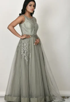 Embroidered Net Abaya Style Suit in Dusty Green