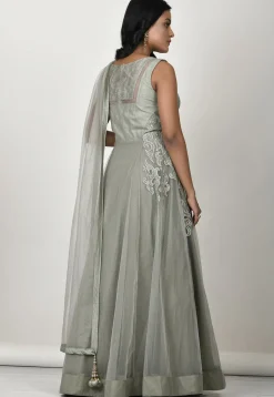 Embroidered Net Abaya Style Suit in Dusty Green