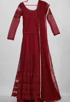 Embroidered Net Abaya Style Suit in Maroon