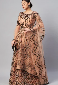 Embroidered Net Abaya Style Suit in Peach