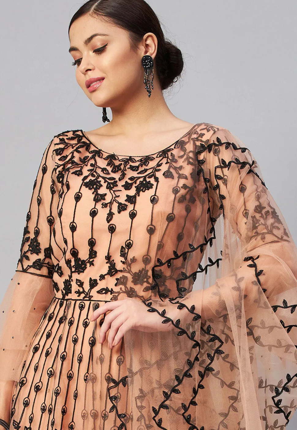 Embroidered Net Abaya Style Suit in Peach