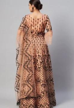 Embroidered Net Abaya Style Suit in Peach