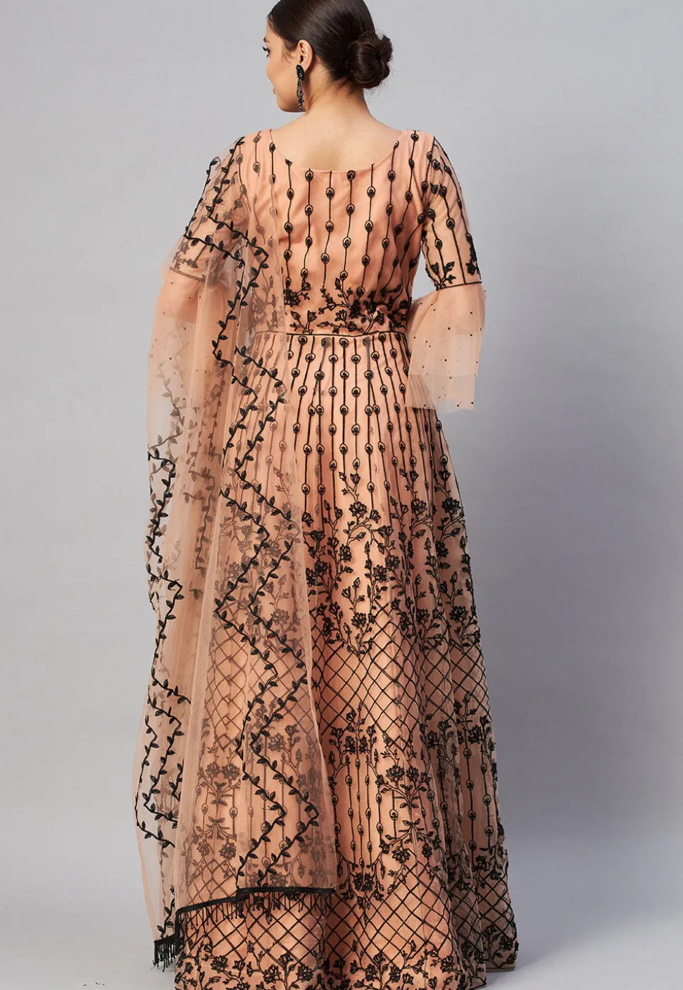 Embroidered Net Abaya Style Suit in Peach