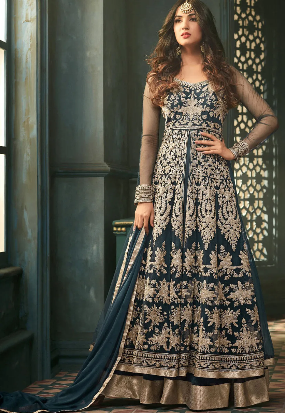 Embroidered Net Abaya Style Suit in Teal Blue