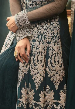 Embroidered Net Abaya Style Suit in Teal Blue