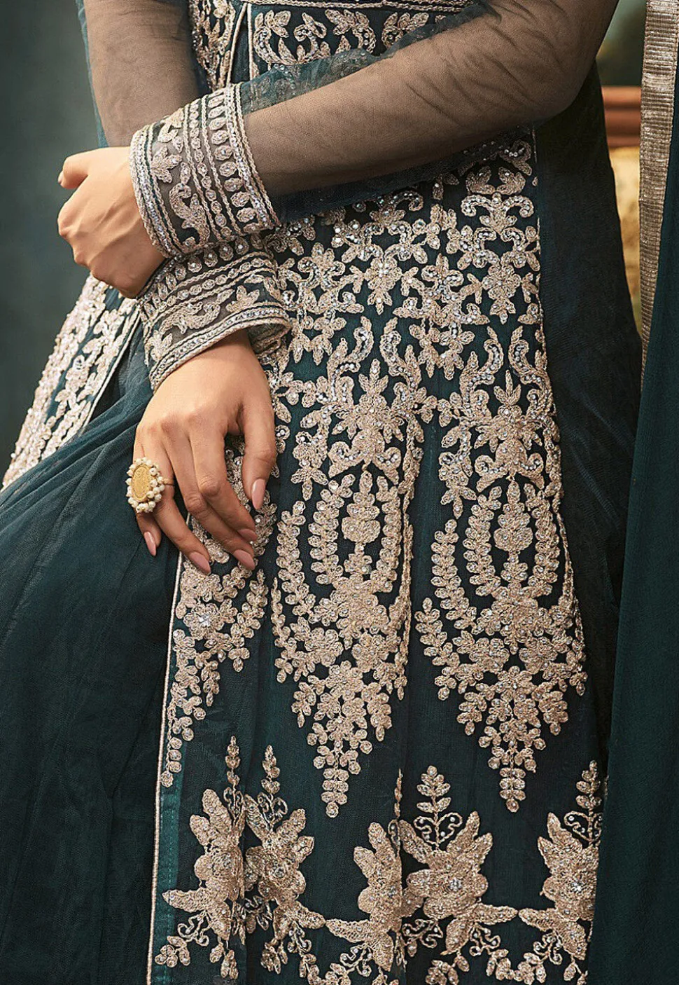 Embroidered Net Abaya Style Suit in Teal Blue
