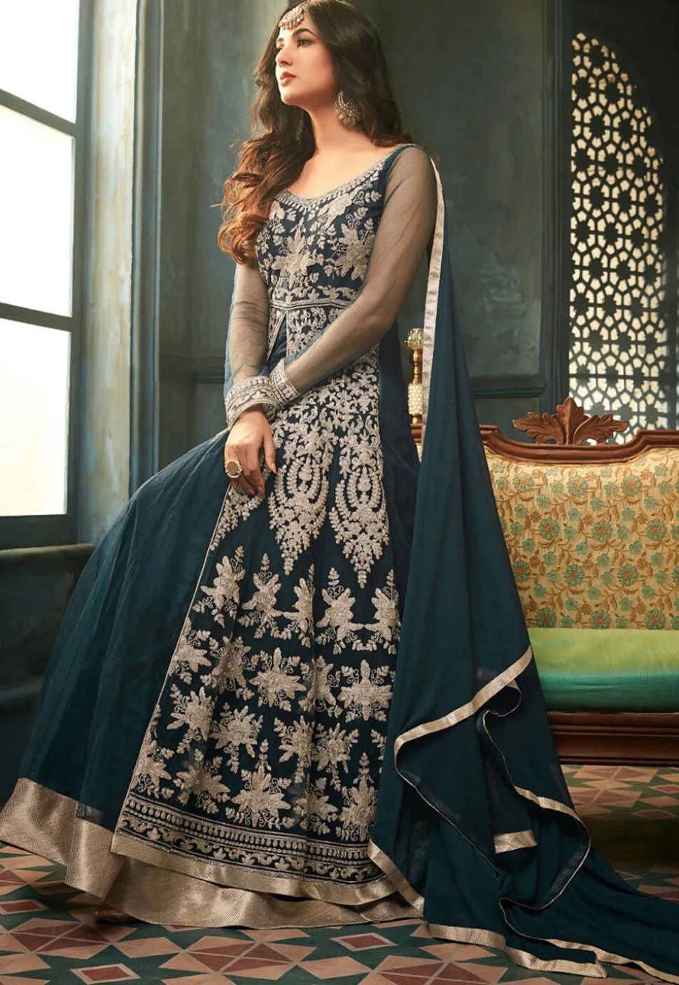 Embroidered Net Abaya Style Suit in Teal Blue
