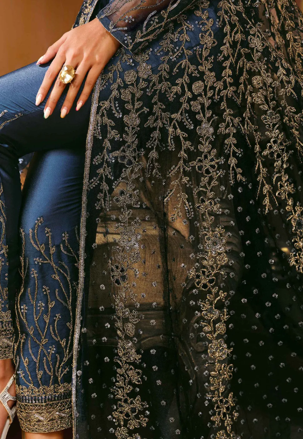 Embroidered Net Abaya Style Suit in Teal Blue