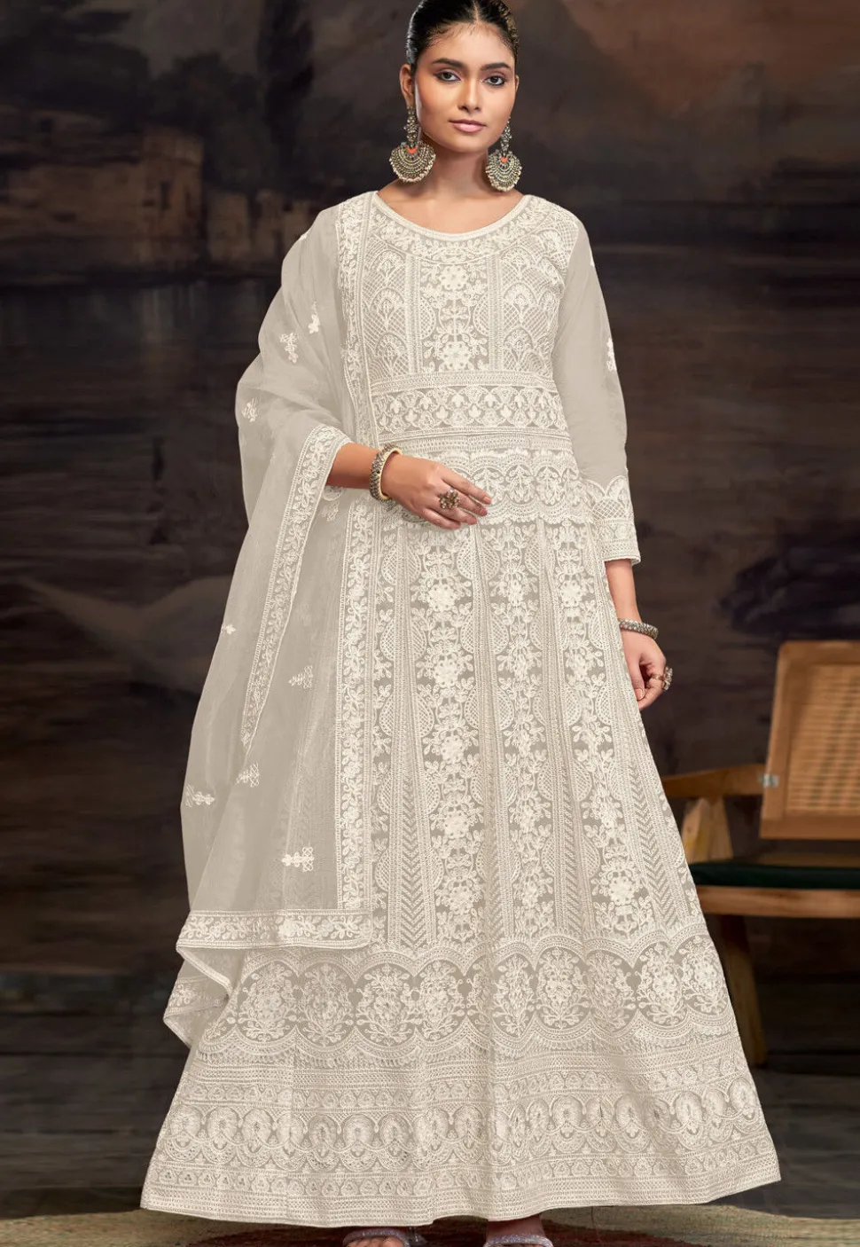 Embroidered Net Abaya Style Suit in Cream