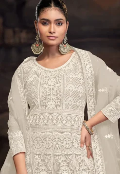 Embroidered Net Abaya Style Suit in Cream