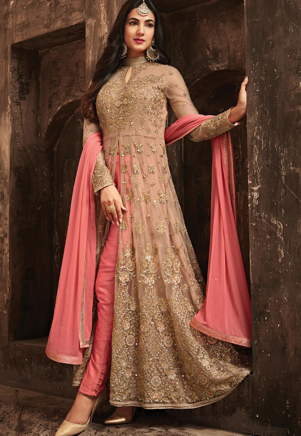 Embroidered Net Abaya Style Suit in Light Rose Gold