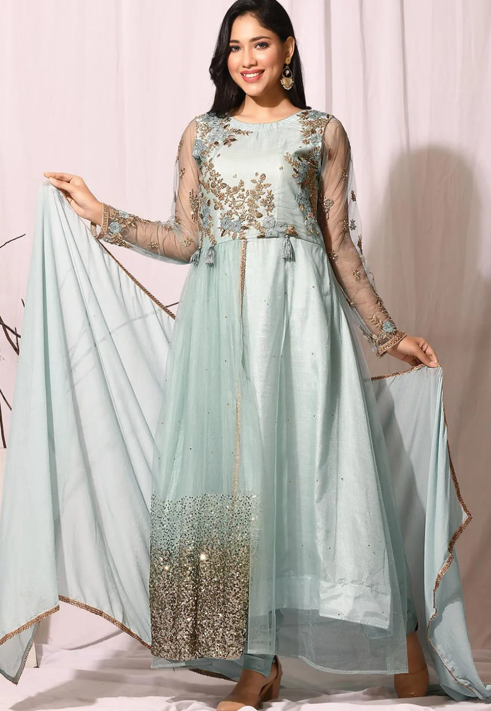 Embroidered Net Abaya Style Suit in Sea Green