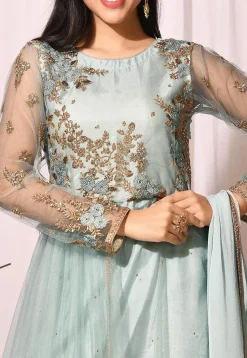 Embroidered Net Abaya Style Suit in Sea Green