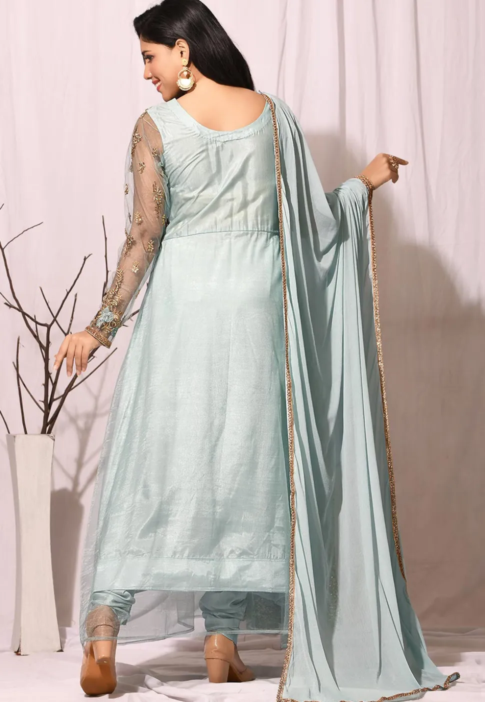 Embroidered Net Abaya Style Suit in Sea Green