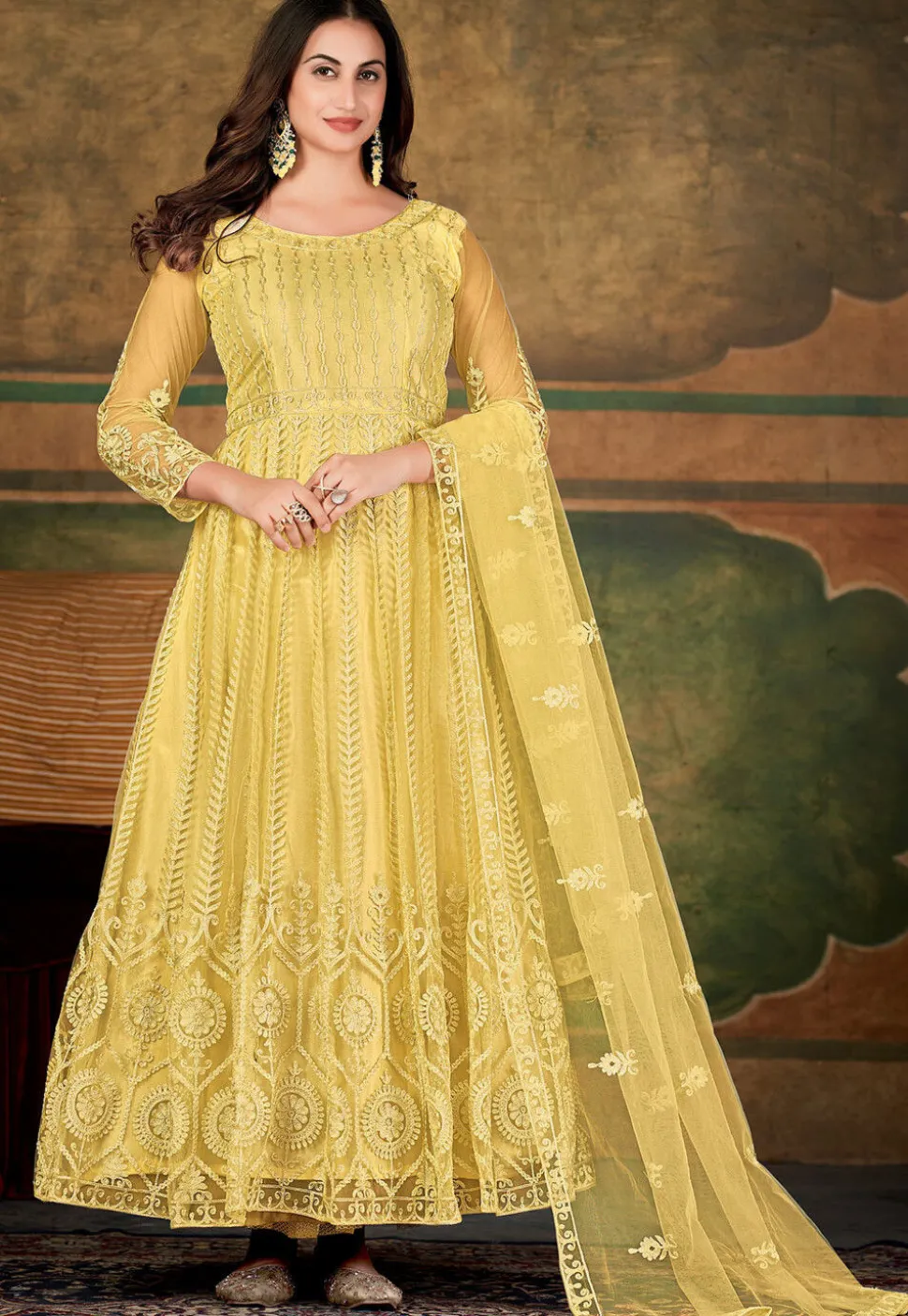 Embroidered Net Abaya Style Suit in Yellow