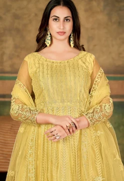 Embroidered Net Abaya Style Suit in Yellow