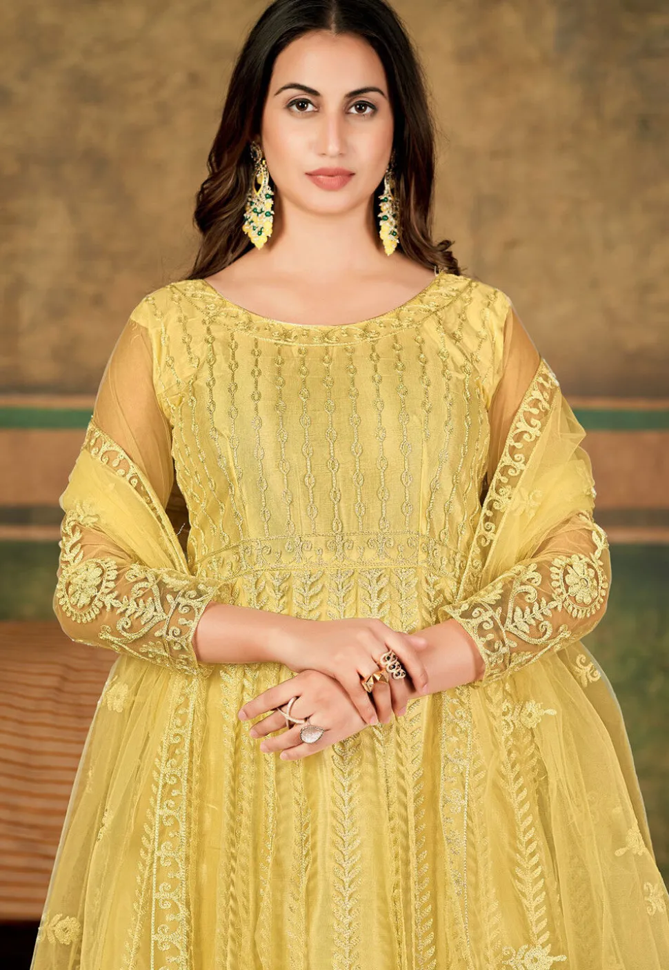 Embroidered Net Abaya Style Suit in Yellow