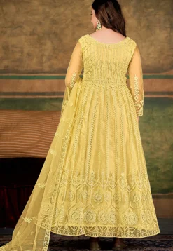 Embroidered Net Abaya Style Suit in Yellow