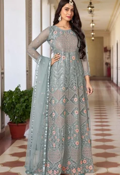 Embroidered Net Abaya Style Suit in Dusty Blue