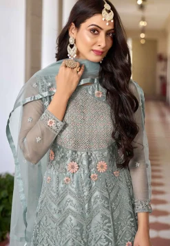 Embroidered Net Abaya Style Suit in Dusty Blue