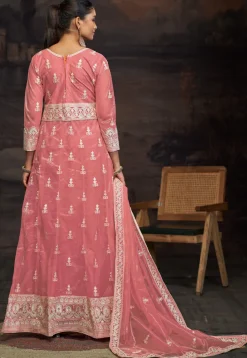 Embroidered Net Abaya Style Suit in Pink
