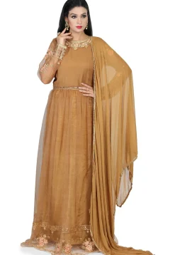 Embroidered Net Abaya Style Suit in Dark Beige