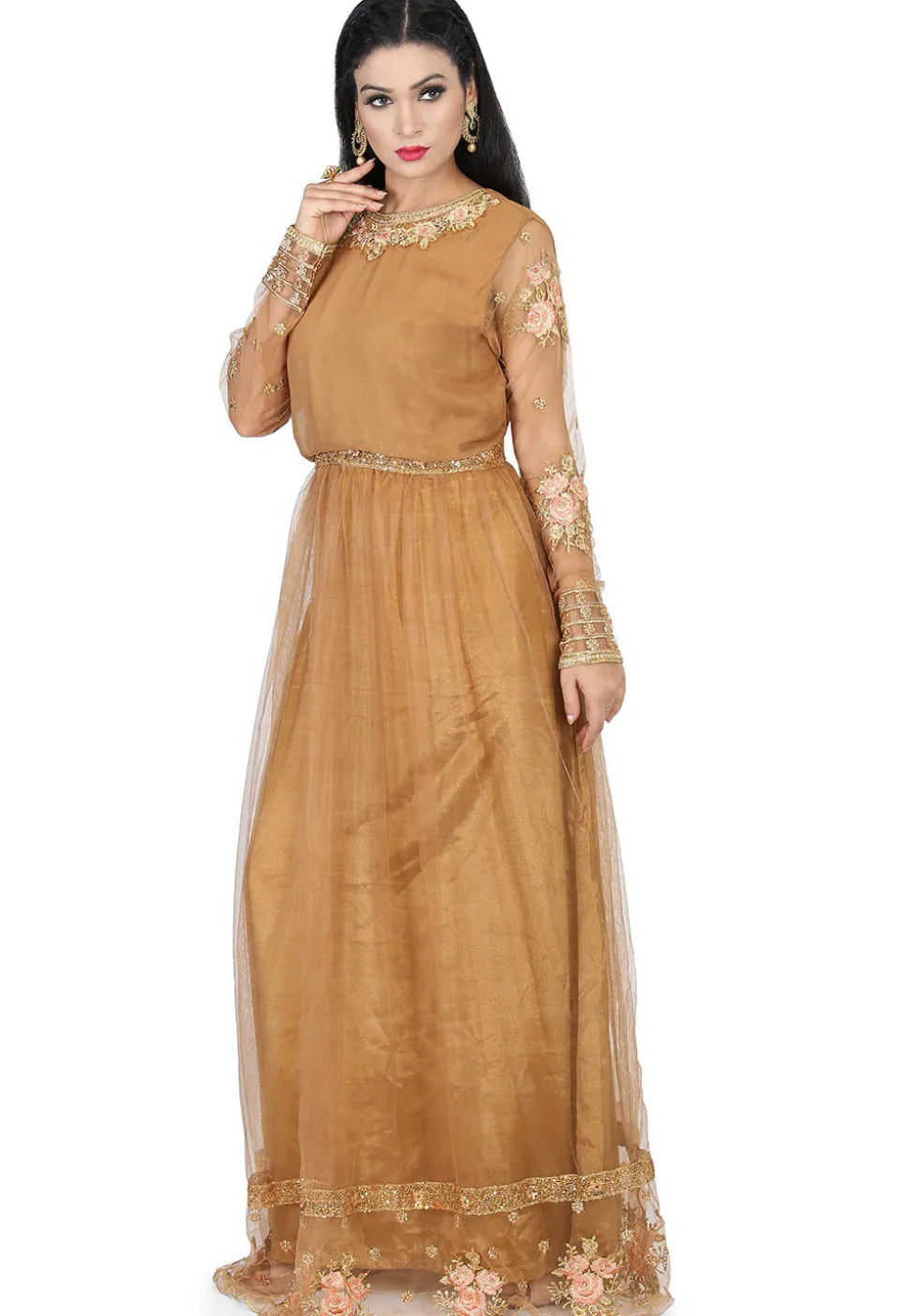 Embroidered Net Abaya Style Suit in Dark Beige
