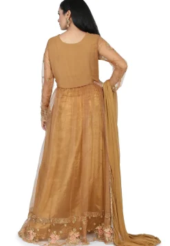 Embroidered Net Abaya Style Suit in Dark Beige