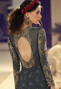 Embroidered Net Abaya Style Suit in Grey