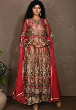 Embroidered Net Abaya Style Suit in Red