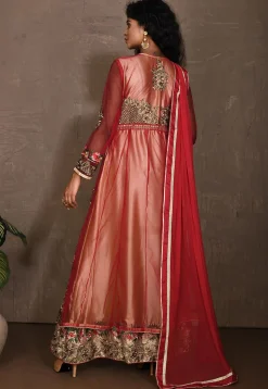 Embroidered Net Abaya Style Suit in Red